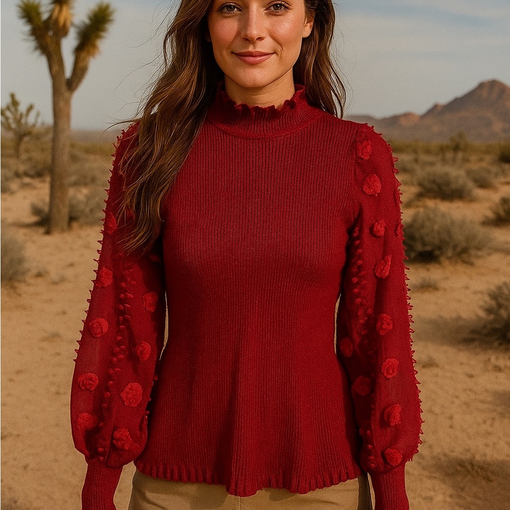 Almost Famous Sweater Small Red Ruffled turtleneck with Sheer floral Sleeves